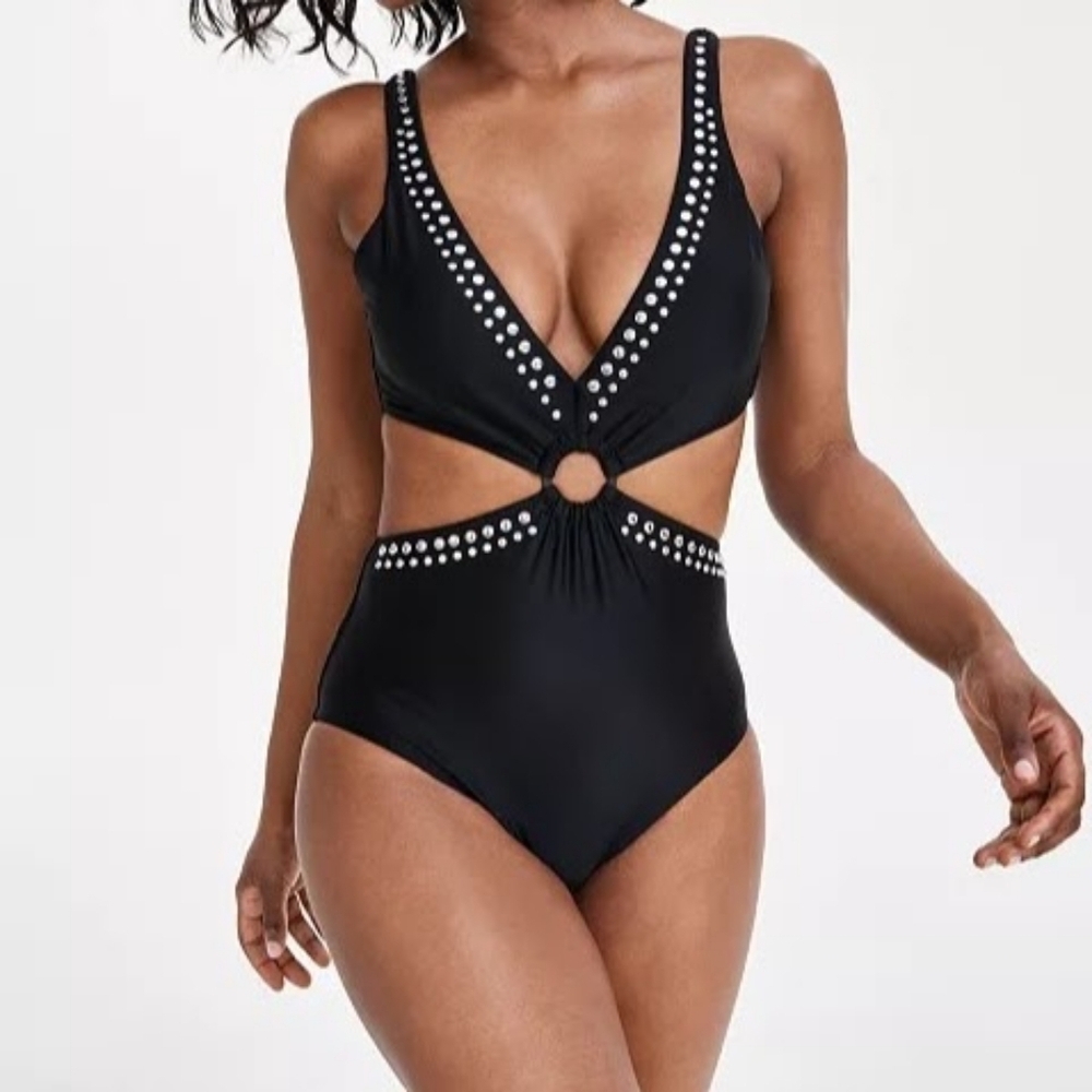 Bar III $94  Tell Me About It One‎ Piece Black Studded Cut-Out Swimsuit XL NWT 5
